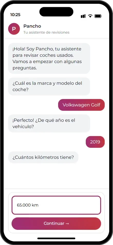 Ask Pancho checking a car as a chat on mobile