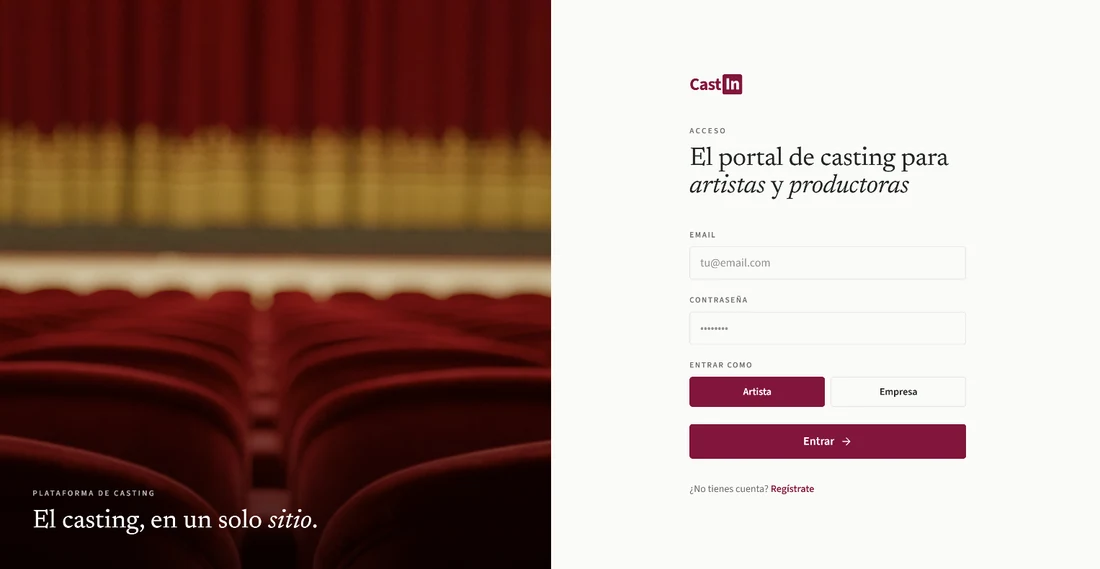 CastIn sign-in screen for performers and production companies